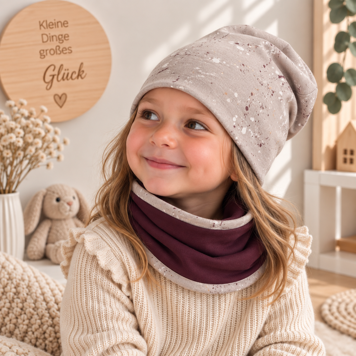 Kleine Herzenswärme – Beanie & Loop in Hellbeige & Bordeaux 🍷