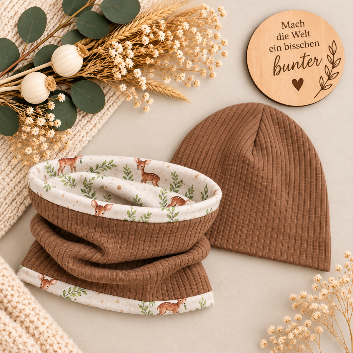 Kleiner Waldliebling – Beanie &  Loop Rippjersey in Muskat 🤎