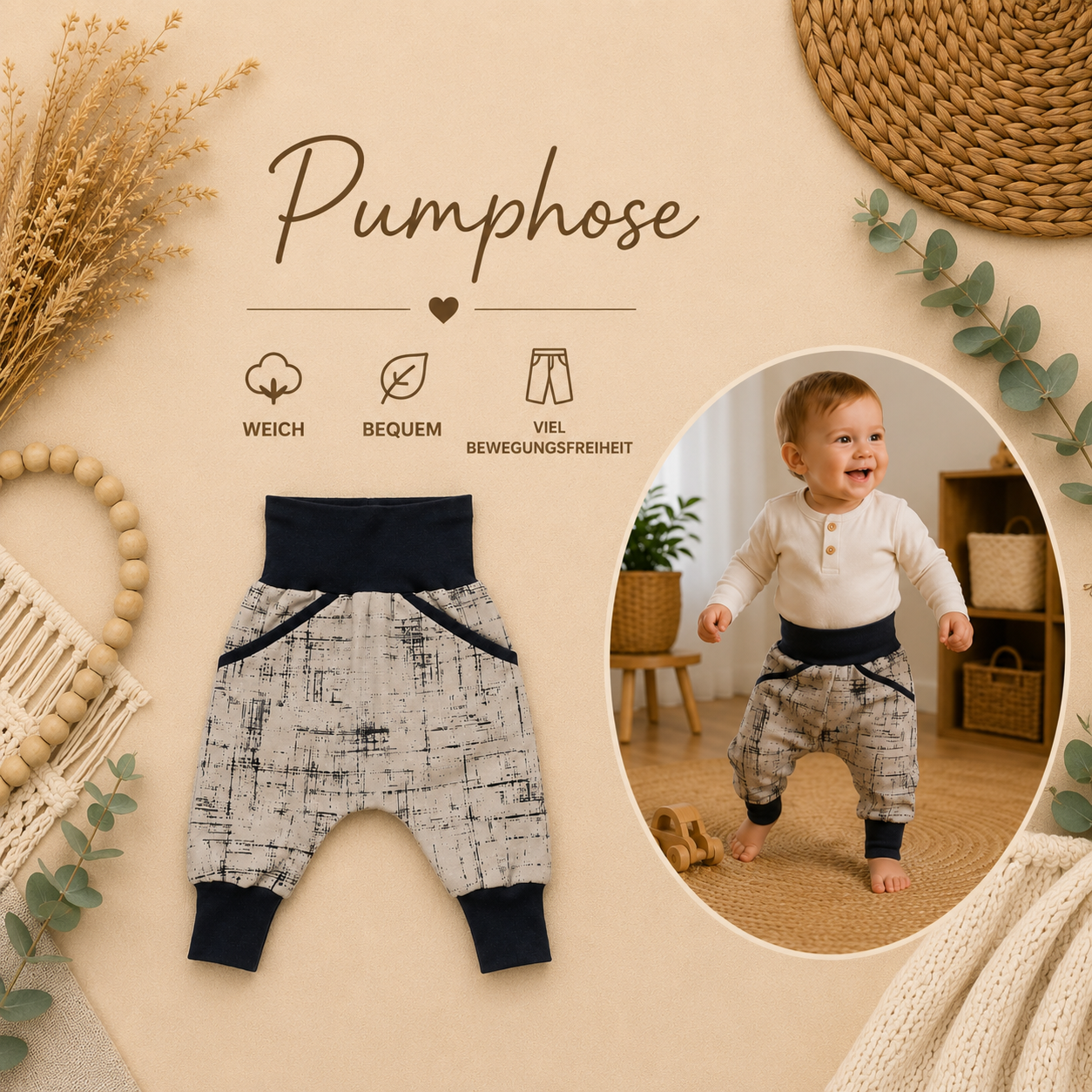 Pumphose „Beige & Grau“ – Bequeme Mitwachshose