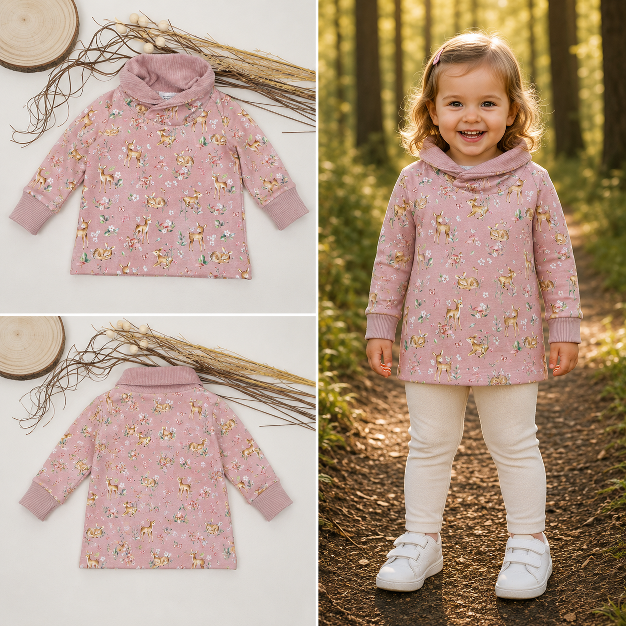 Sweatshirt mit Rehmotiv und besonderem Kragen