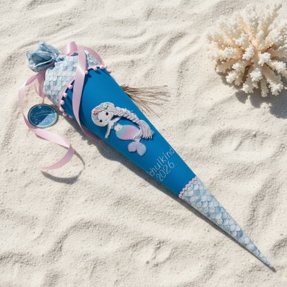Individuell bestickte Schultüte „Meerjungfrau“ und Meeresbewohner– personalisiert mit Namen & Datum