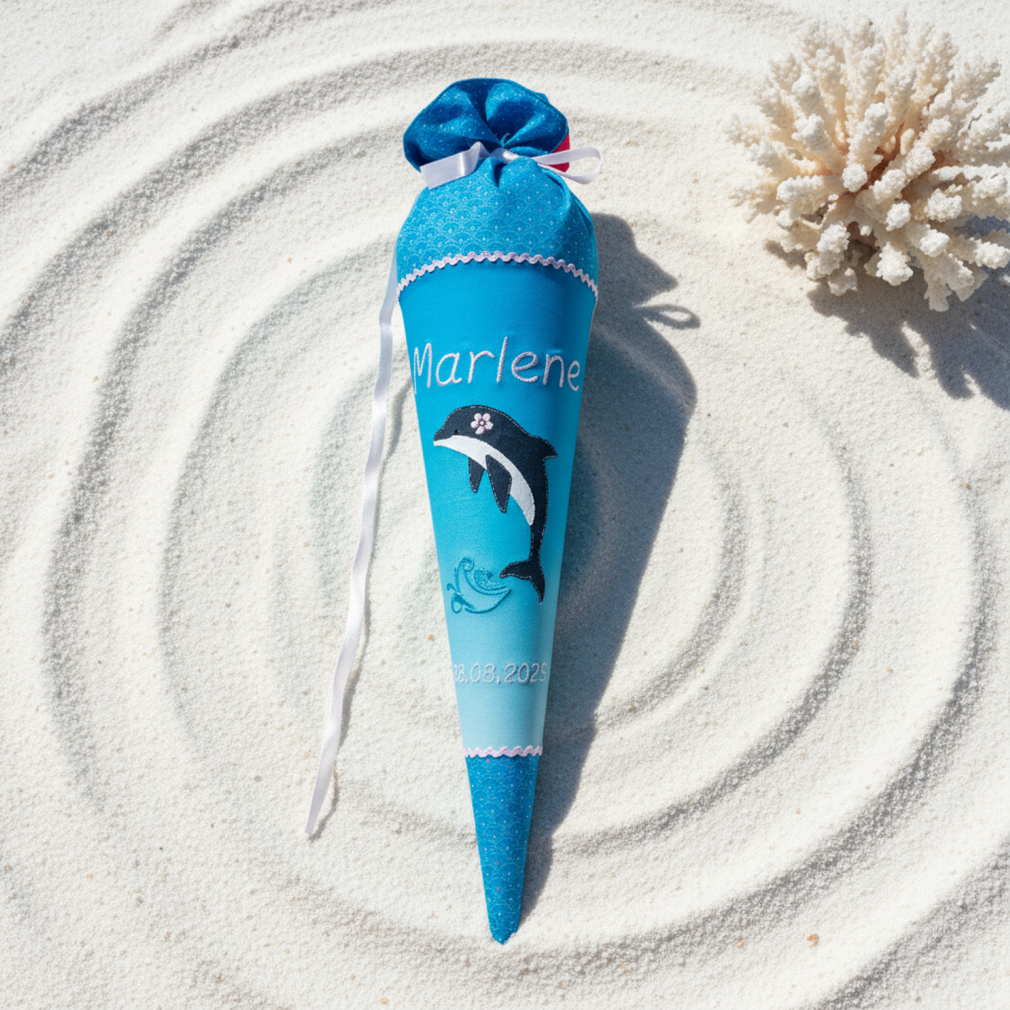 Individuell bestickte Schultüte „Meerjungfrau“ und Meeresbewohner– personalisiert mit Namen & Datum