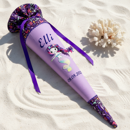 Individuell bestickte Schultüte „Meerjungfrau“ und Meeresbewohner– personalisiert mit Namen & Datum