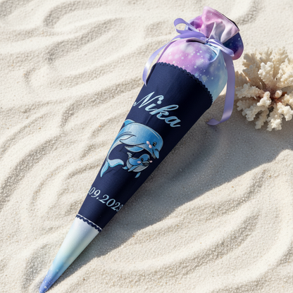 Individuell bestickte Schultüte „Meerjungfrau“ und Meeresbewohner– personalisiert mit Namen & Datum