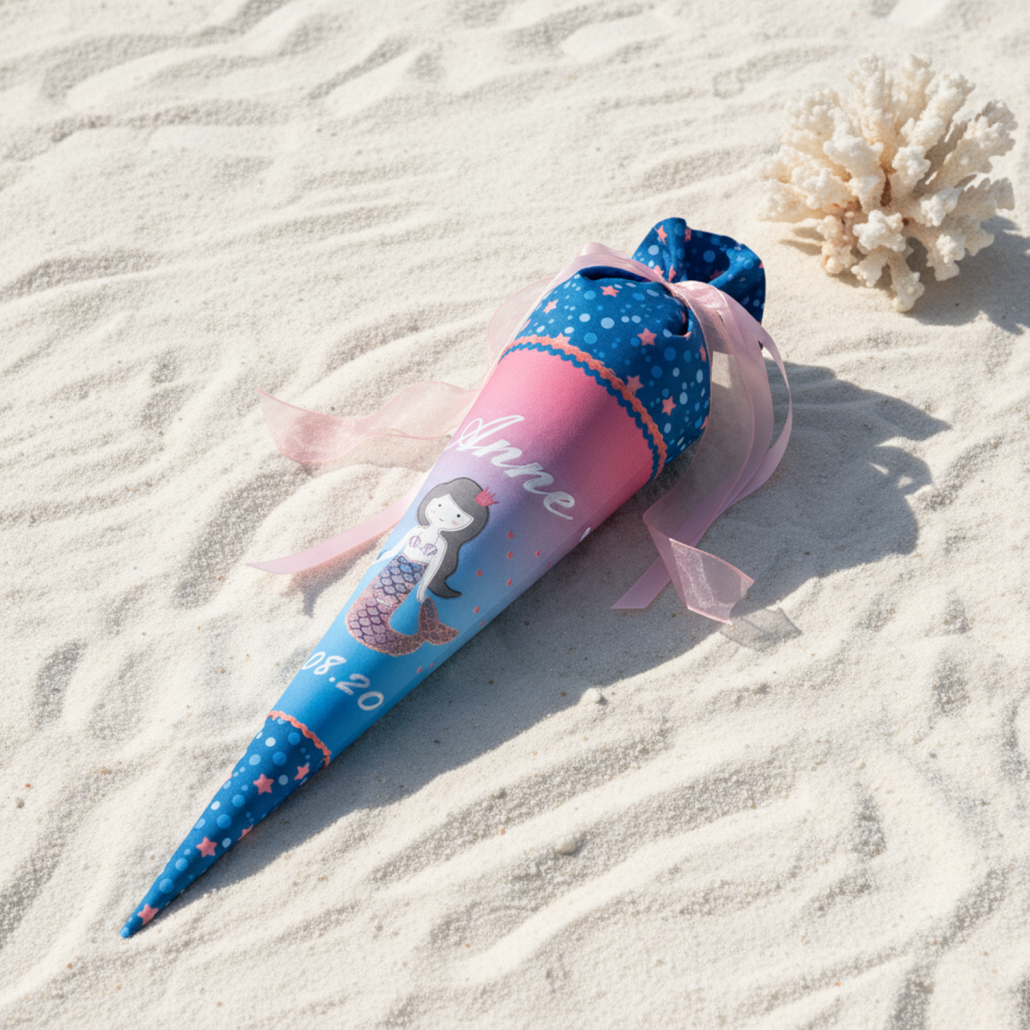 Individuell bestickte Schultüte „Meerjungfrau“ und Meeresbewohner– personalisiert mit Namen & Datum