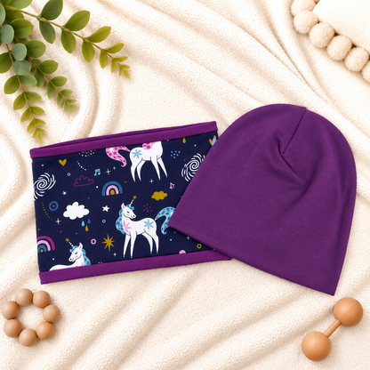 Beanie in Lila und Loop mit Einhörnern