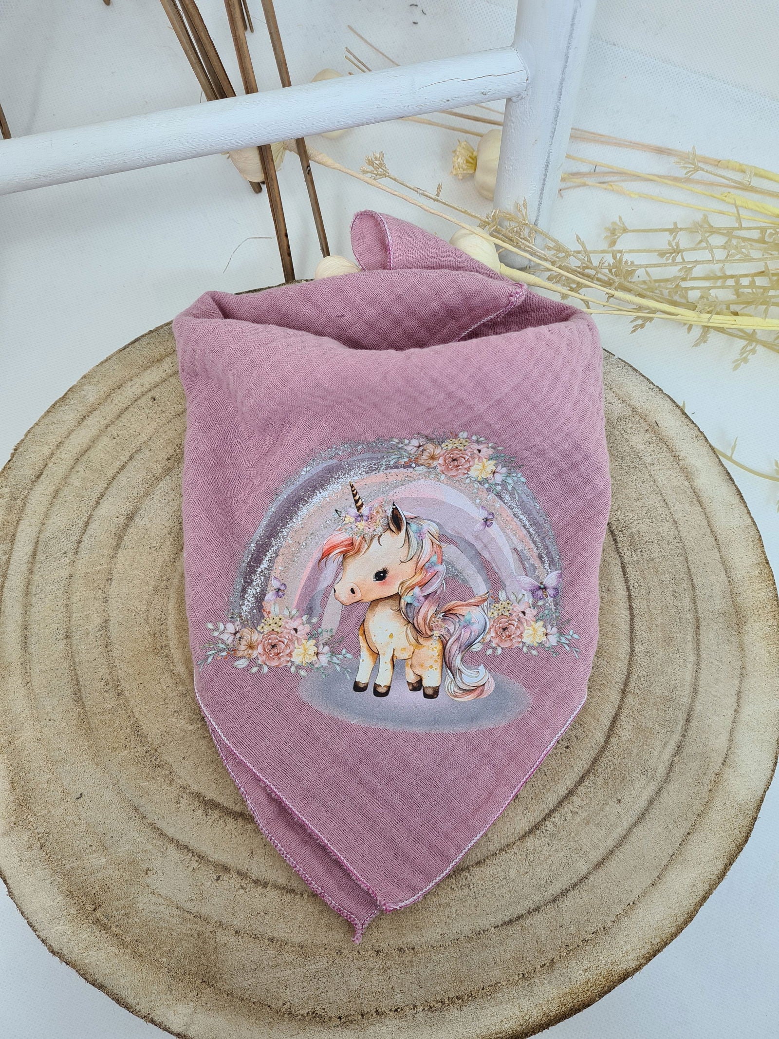 Musselin Halstuch Einhorn-Design mauve mit Druckknopf