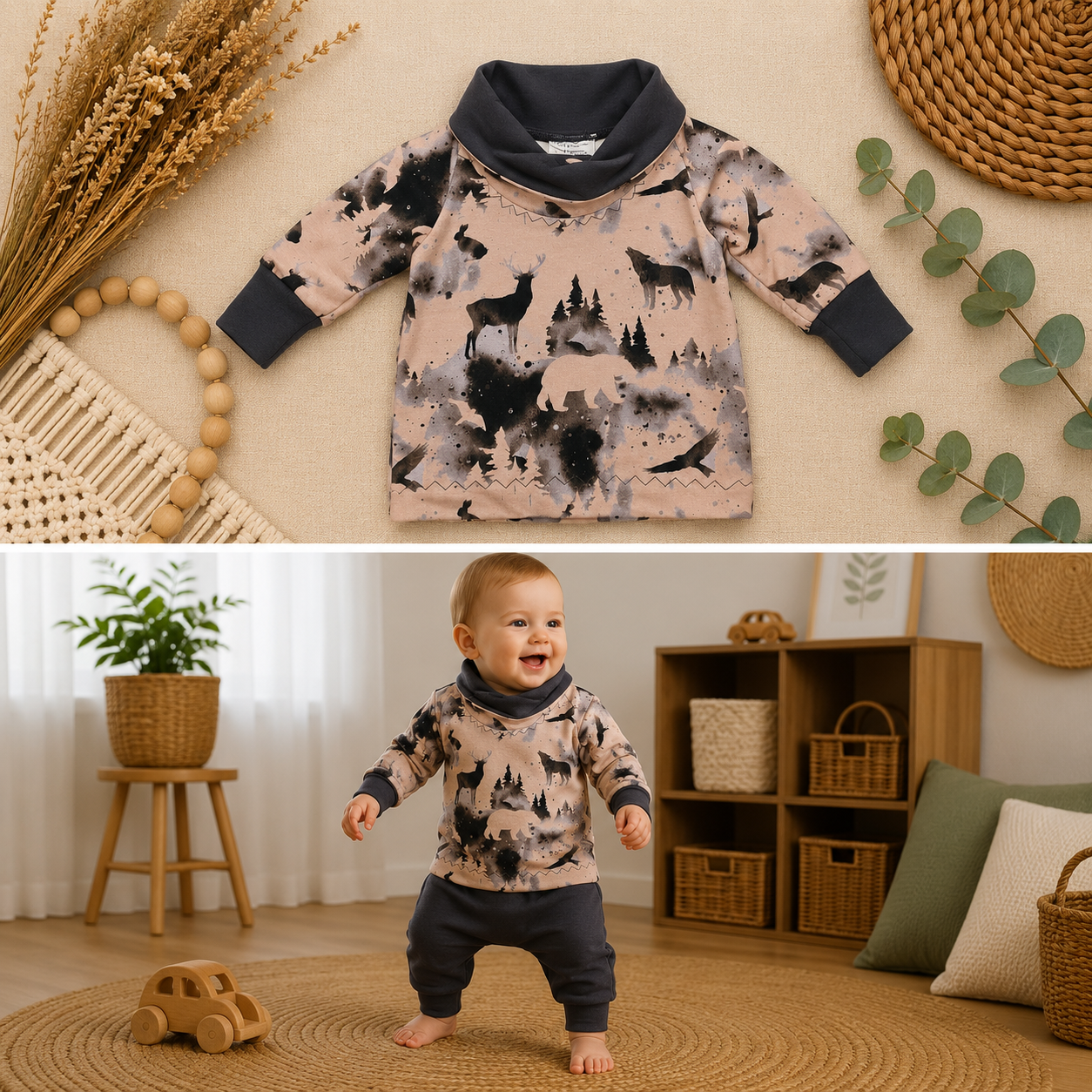 Sweat-Hoodie mit Hirsch, Wolf, Hase & Greifvogel
