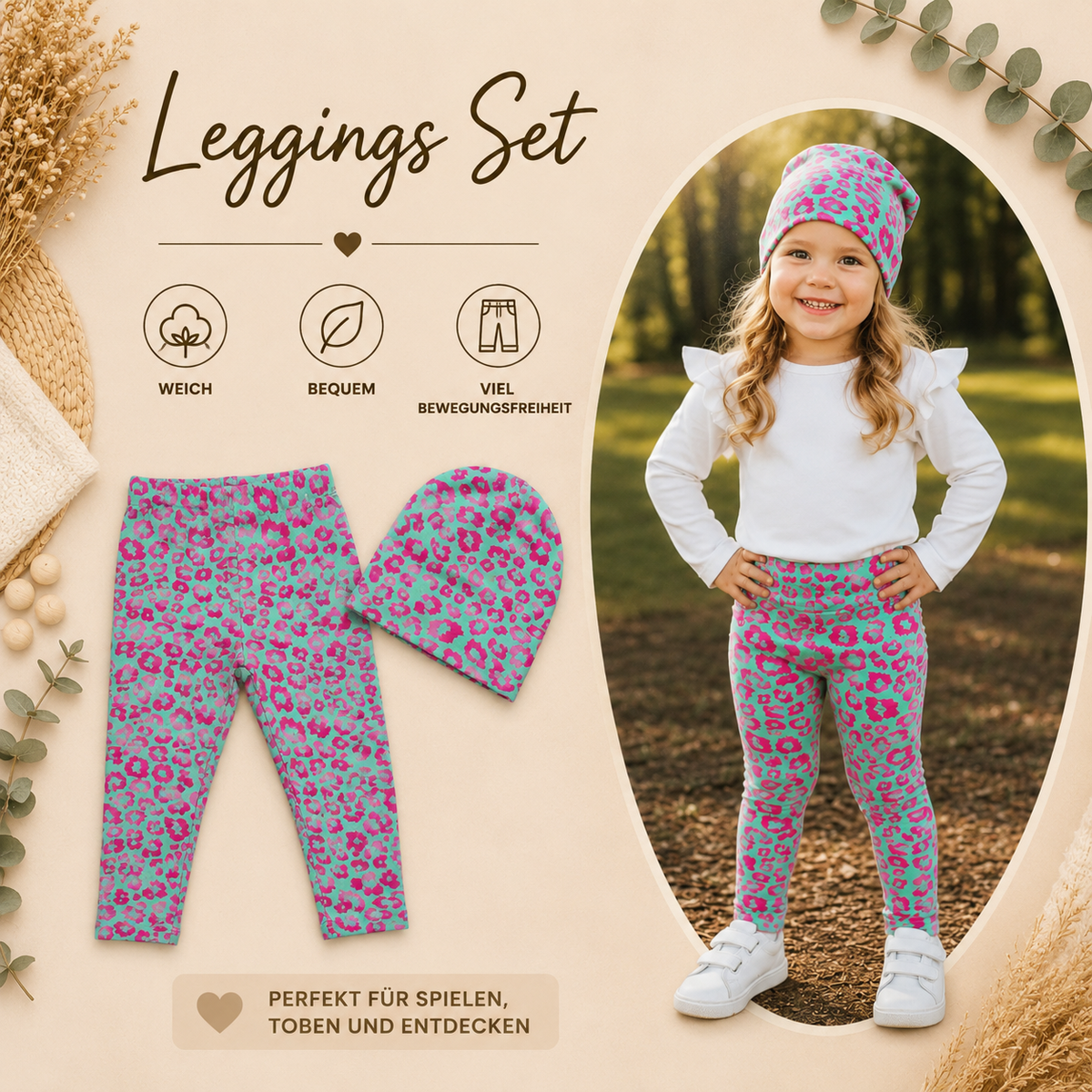 Beanie aus Baumwolljersey – Grün/Pink im Leo-Design 💚💗