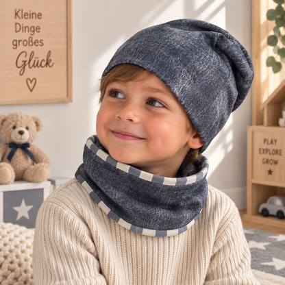 Kleine Lieblingsstücke – Beanie & Loop Set in Grau mit Streifenliebe