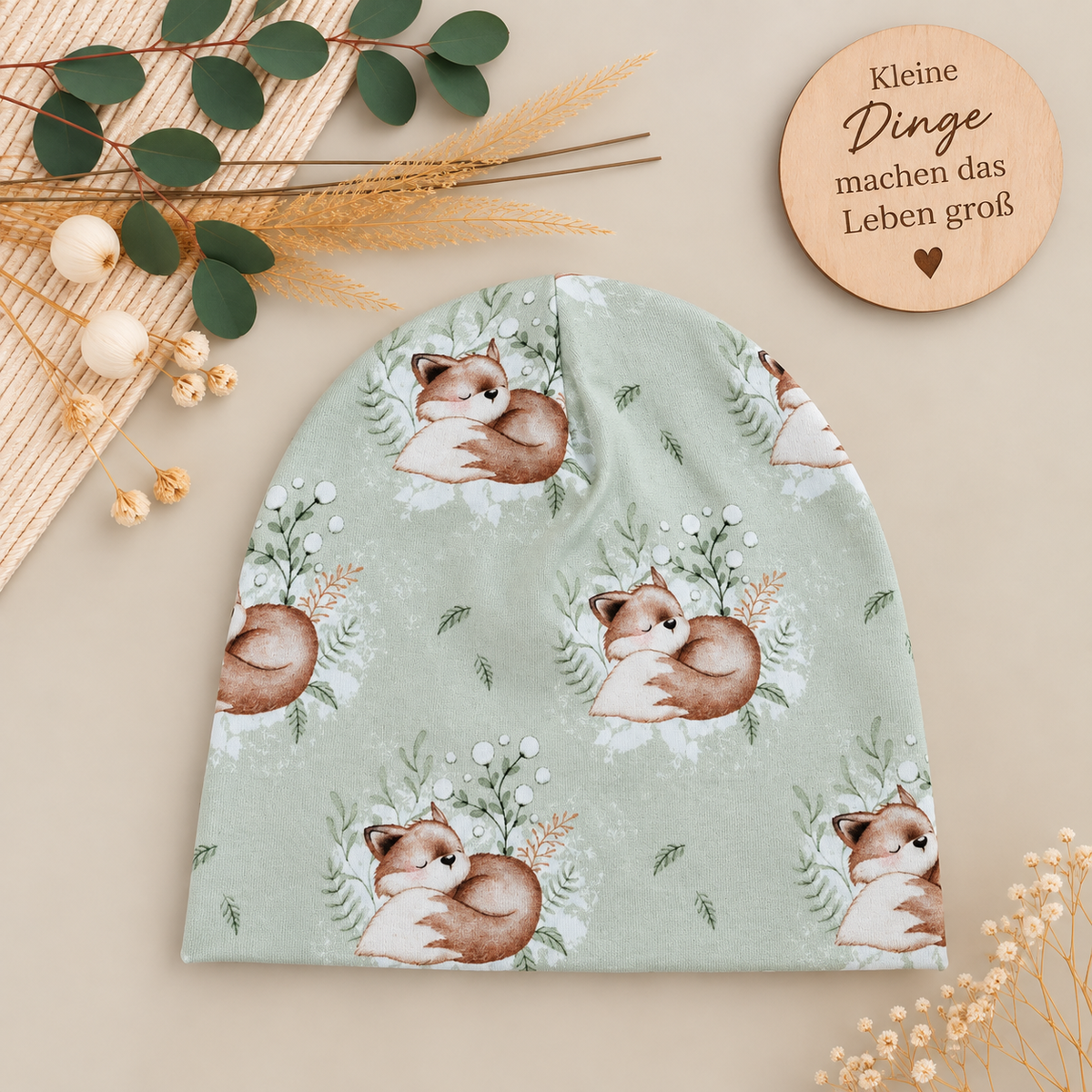 Kleiner Fuchsliebling – Beanie & Loop in zartem Grün 🌿