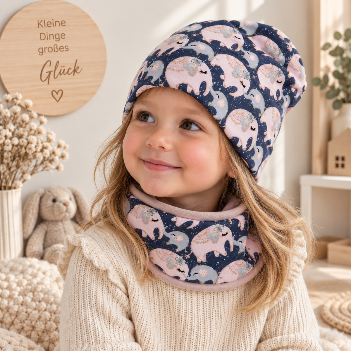 Kleiner Elefantenliebling – Beanie & Loop in Blau & Rosa 💗