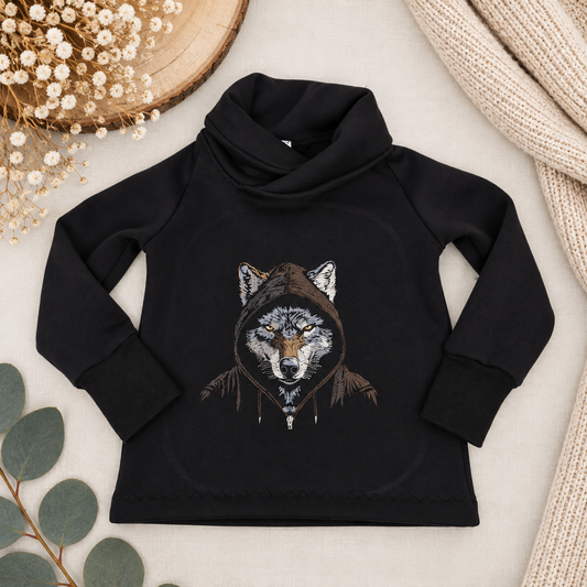 Sweatshirt mit Wolfskopfstickerei – Schwarz
