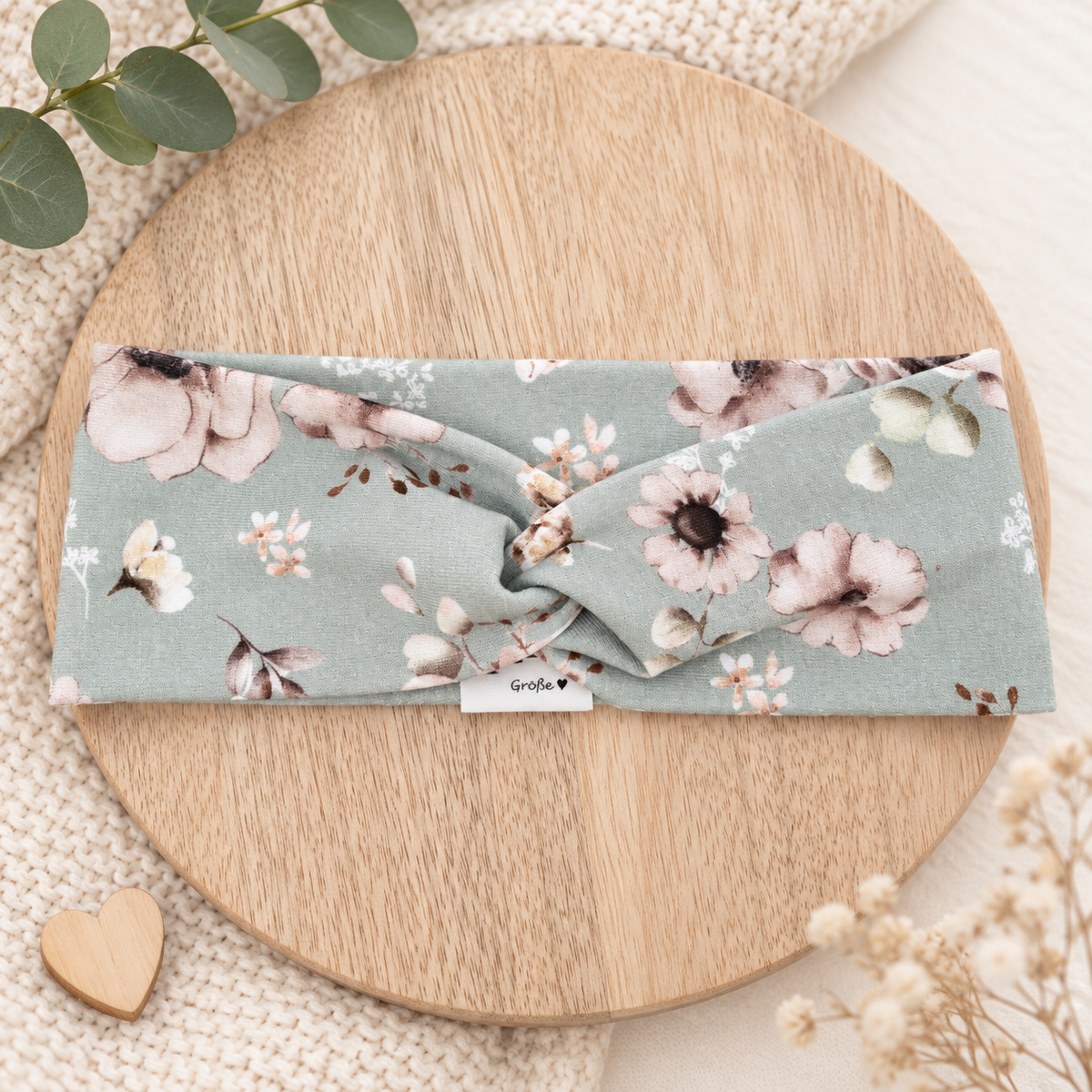 Stirnband Altgrün mit Blumenmuster