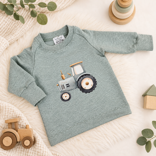 Sweatshirt mit Trecker in Altgrün Melange