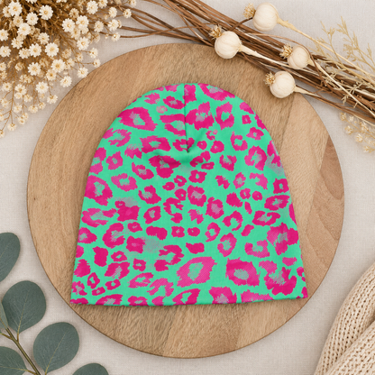 Beanie aus Baumwolljersey – Grün/Pink im Leo-Design 💚💗