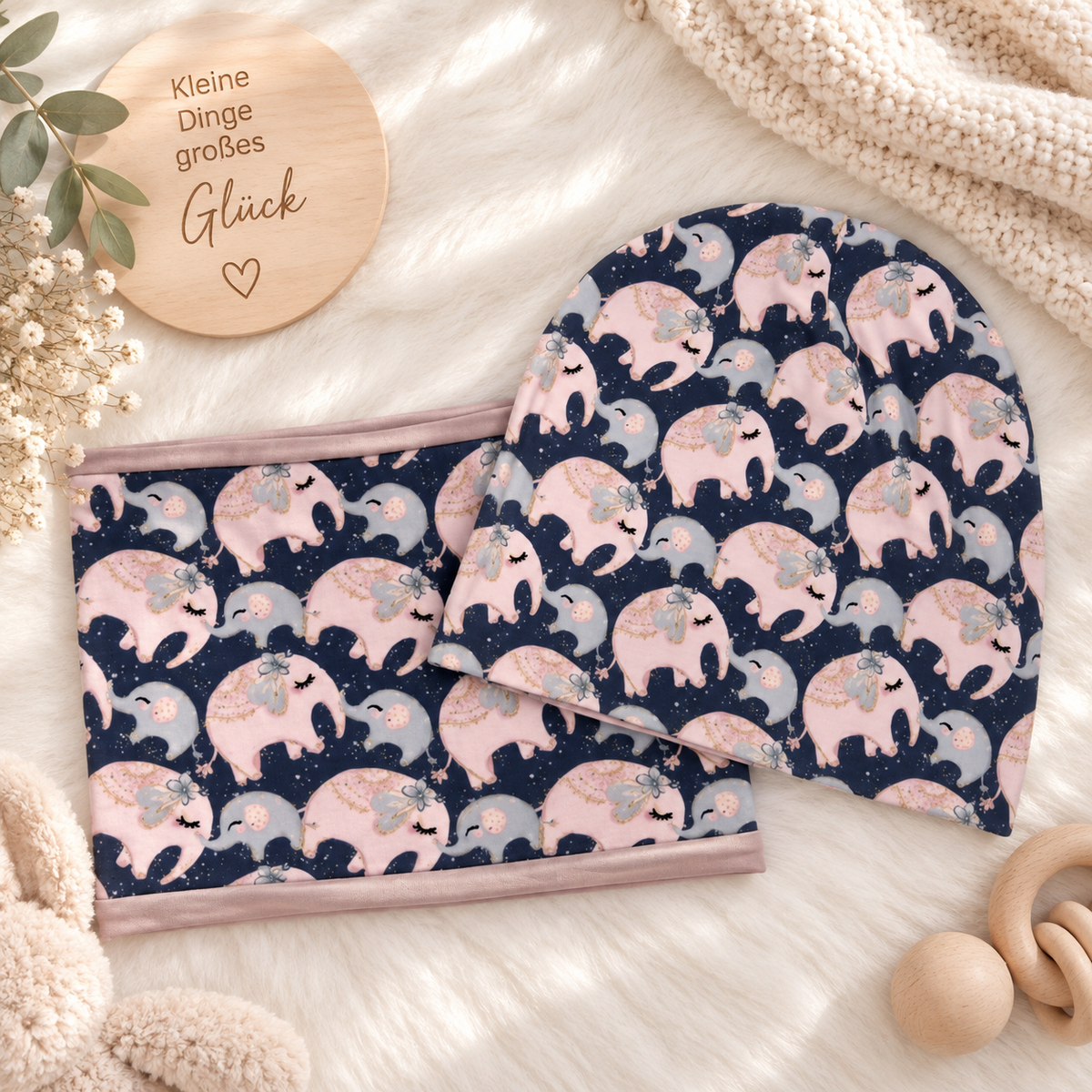 Kleiner Elefantenliebling – Beanie & Loop in Blau & Rosa 💗