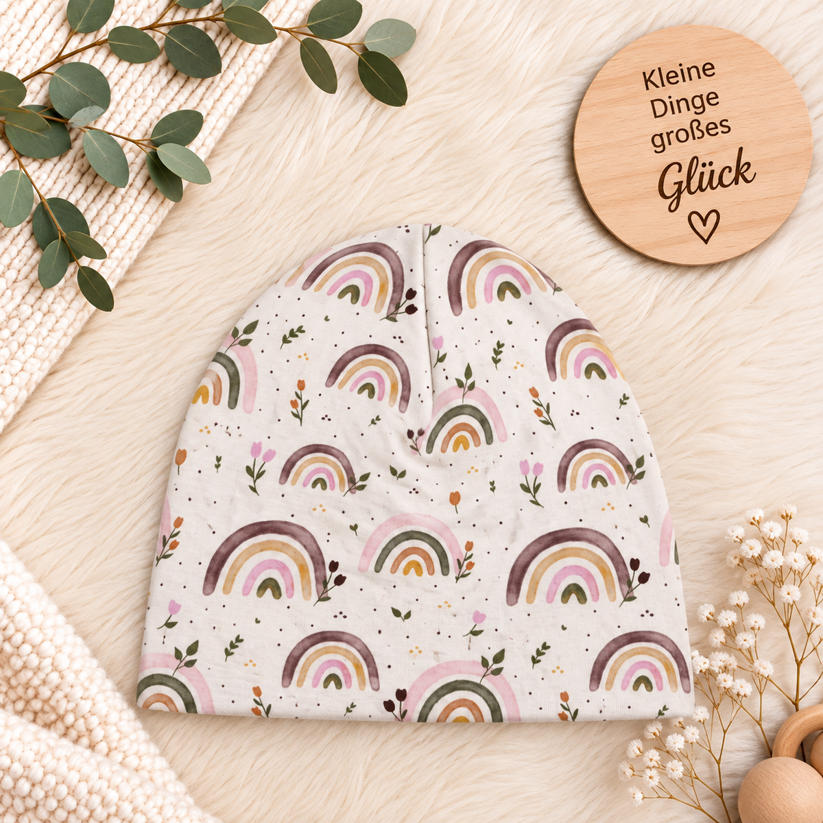 Regenbogenliebe – Beanie & Loop Set mit Mauve-Kuschelfutter 💜