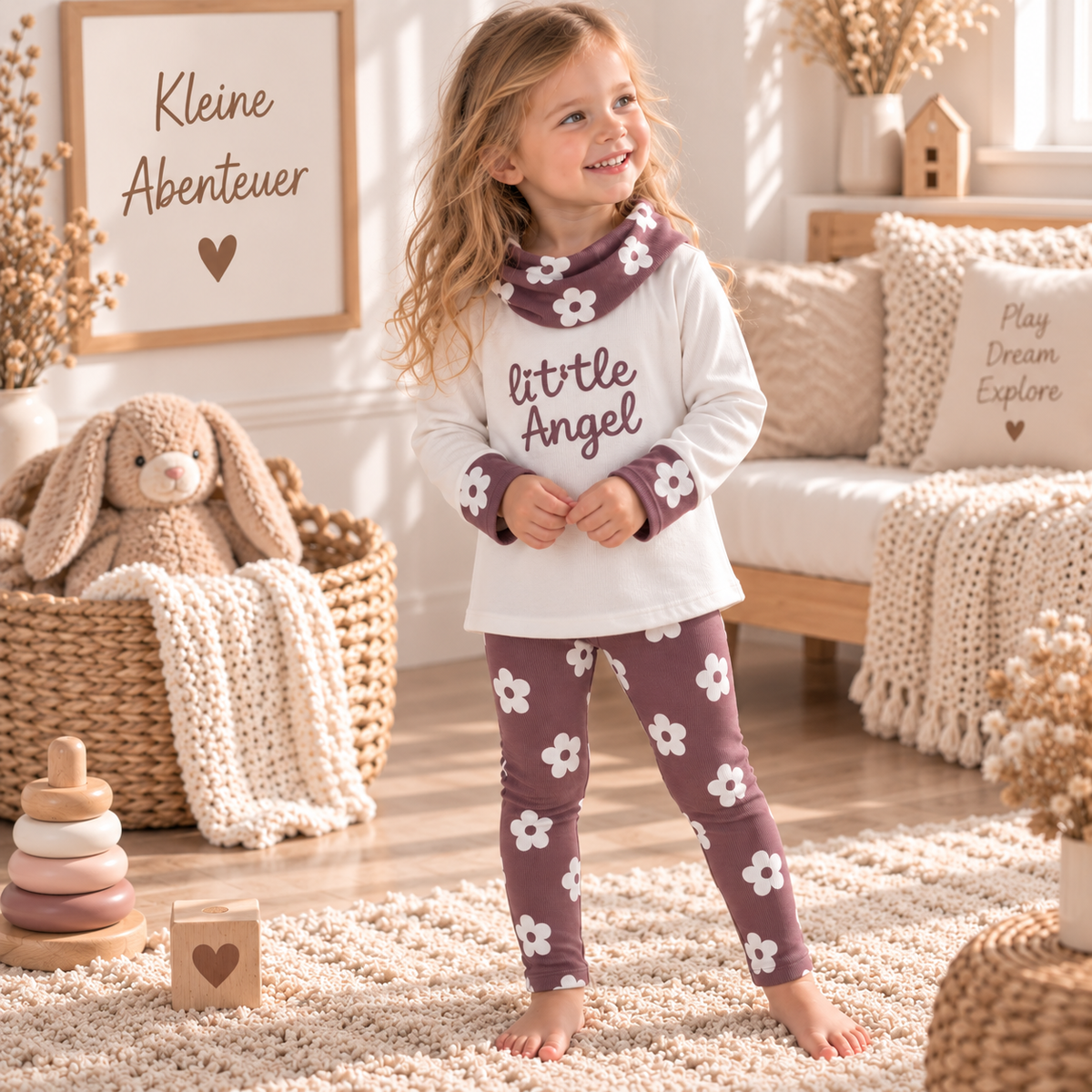 Hoodie aus mauvefarbenem Rippjersey mit weißen Blumen
