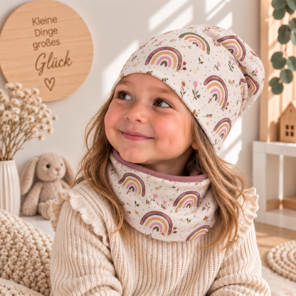 Regenbogenliebe – Beanie & Loop Set mit Mauve-Kuschelfutter 💜