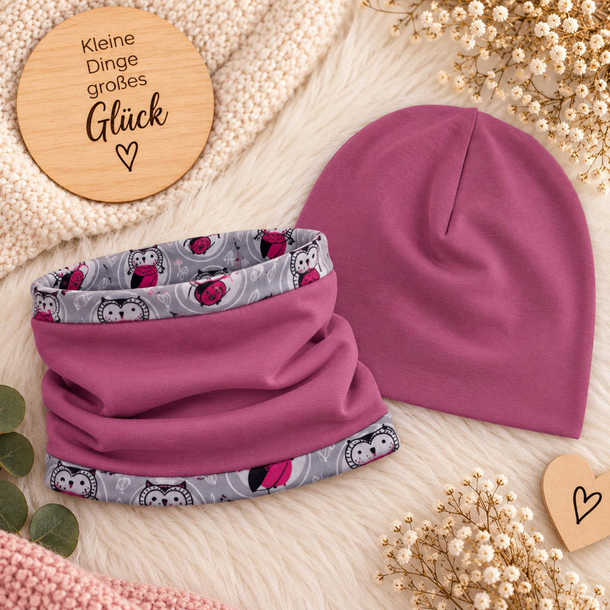 Kleine Eulenliebe – Beanie & Loop Set in Mauve