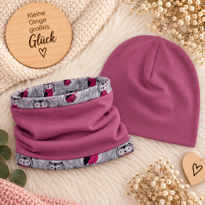 Kleine Eulenliebe – Beanie & Loop Set in Mauve