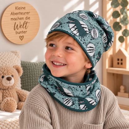 Kleiner Dino-Freund – Beanie & Loop in Grün 💚