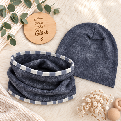 Kleine Lieblingsstücke – Beanie & Loop Set in Grau mit Streifenliebe