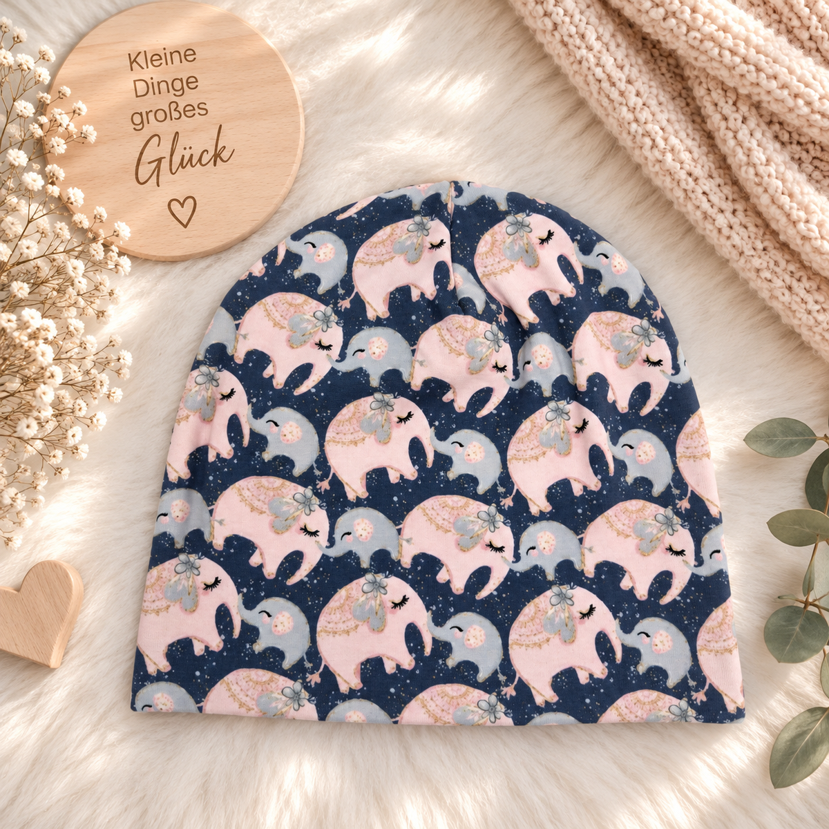 Kleiner Elefantenliebling – Beanie & Loop in Blau & Rosa 💗
