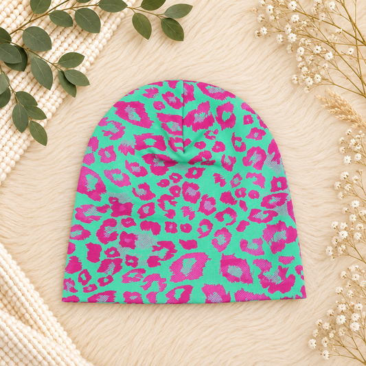 Beanie aus Baumwolljersey – Grün/Pink im Leo-Design 💚💗