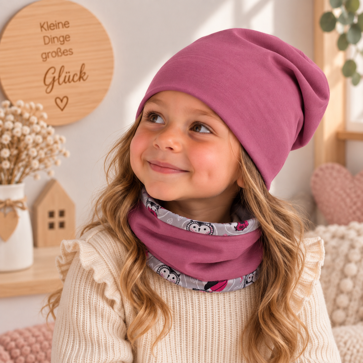 Kleine Eulenliebe – Beanie & Loop Set in Mauve