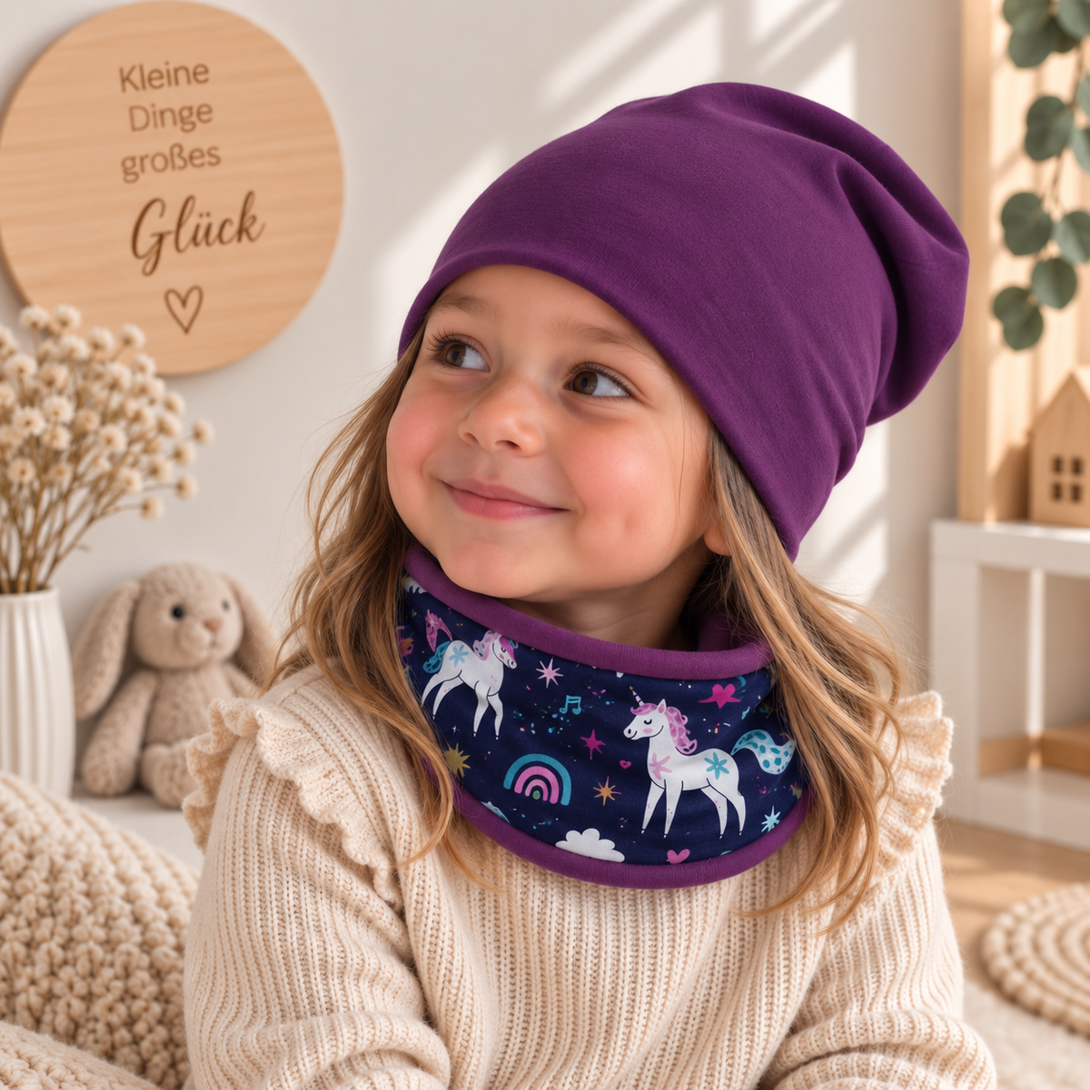 Beanie in Lila und Loop mit Einhörnern